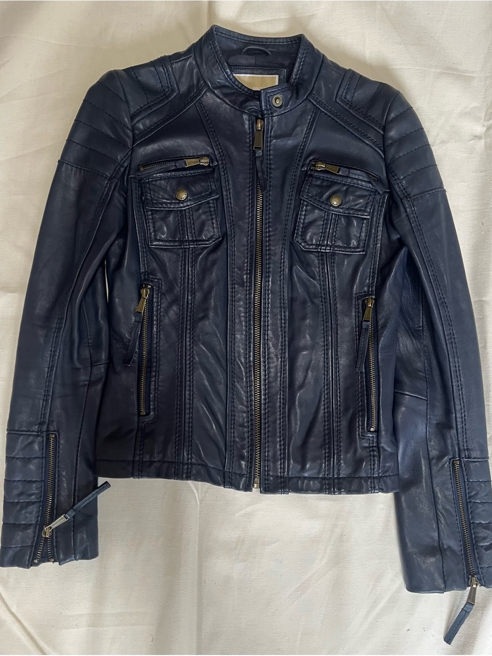 Michael Kors Dark Navy Leather Moto Jacket with Quilted Panels. Size XXS